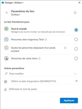 Ingenious Tech - OneDrive Partage Paramètres du lien